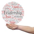 Business leadership, management value word cloud in hand