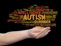 Childhood autism syndrome symtoms or disorder abstract word cloud held in hands isolated on background