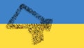 Community of people forming the megaphone icon on Ukrainian flag. 3d illustration metaphor for warning