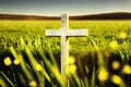 Concept conceptual cross religion symbol silhouette in grass over sunset or sunrise sky, generative ai Royalty Free Stock Photo