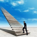 Concept conceptual 3D illustration business man walking or climbing stair on sky background with clouds Royalty Free Stock Photo