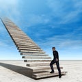 D illustration business man walking or climbing stair on sky background with clouds Royalty Free Stock Photo