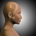 3D illustration wireframe human female question ask head