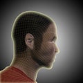 3D illustration wireframe young human male or man face or head glowing on gray background Royalty Free Stock Photo