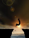 3D illustration young man or businessman silhouette jump happy from cliff over water gap sunset or sunrise Royalty Free Stock Photo