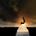 3D illustration young man or businessman silhouette jump happy from cliff over water gap sunset or sunrise Royalty Free Stock Photo