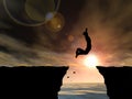 3D illustration young man or businessman silhouette jump happy from cliff over water gap sunset or sunrise Royalty Free Stock Photo