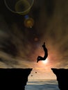 3D illustration young man or businessman silhouette jump happy from cliff over water gap sunset or sunrise Royalty Free Stock Photo