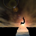 3D illustration young man or businessman silhouette jump happy from cliff over water gap sunset or sunrise Royalty Free Stock Photo