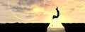 Conceptual 3D illustration young man or businessman silhouette jump happy from cliff over water gap sunset or sunrise Royalty Free Stock Photo