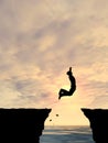 3D illustration young man or businessman silhouette jump happy from cliff over water gap sunset or sunrise Royalty Free Stock Photo