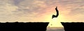 3D illustration young man or businessman silhouette jump happy from cliff over water gap sunset or sunrise Royalty Free Stock Photo