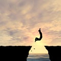 3D illustration young man or businessman silhouette jump happy from cliff over water gap sunset or sunrise Royalty Free Stock Photo