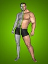 3D strong young male man bodybuilder before and after