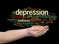 Depression or mental emotional disorder abstract word cloud held in hands