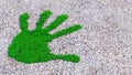 Green grass handprint on gravel background