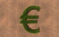 Green summer lawn grass symbol shape on brown soil or earth background, euro sign. 3d illustration metaphor for