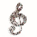 Large community of people forming the image of a musical note on white background