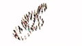Large community of people forming the image of a musical note on white background. A 3d illustration