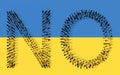 Large community of people forming NO word on Ukrainian flag. 3d illustration metaphor for protest, resistance