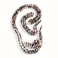 Concept or conceptual large comunity of people forming the image of an ear on gray background. A 3d illustration metaphor for