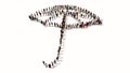 Large gathering of people forming an image of opened umbrella on white background. A 3d metaphor for