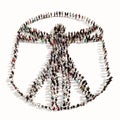 Large gathering of people forming an image of the vitruvius man on white background