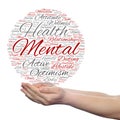 Mental health or positive thinking abstract word cloud held in hands Royalty Free Stock Photo