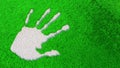 Ornamental gravel handprint on grass background.