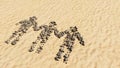 Stones on beach sand handmade symbol shape, golden sandy background, children holding hands sign Royalty Free Stock Photo