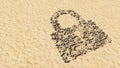 Stones on beach sand handmade symbol shape, golden sandy background, padlock icon Royalty Free Stock Photo