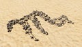 Stones on beach sand handmade symbol shape, golden sandy background, scorpio zodiac sign Royalty Free Stock Photo