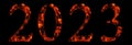 Conceptual 2023 year made of burning font on black background. An abstract 3D illustration as a metaphor for future Royalty Free Stock Photo