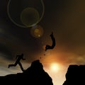 3D illustration man or businessman silhouette jump happy from cliff over gap sunset or sunrise sky Royalty Free Stock Photo