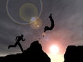 Conceptual young 3D illustration man or businessman silhouette jump happy from cliff over gap sunset or sunrise sky Royalty Free Stock Photo