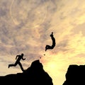 Young 3D illustration man or businessman silhouette jump happy from cliff over gap sunset or sunrise Royalty Free Stock Photo