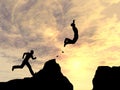 3D illustration man or businessman silhouette jump happy from cliff over gap sunset or sunrise Royalty Free Stock Photo