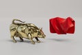 the concept of conducting corida. a figure of a golden bull attacking a red rag on a white background. 3D render Royalty Free Stock Photo