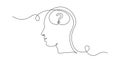 Concept of confused feelings in one continuous line drawing. Human head with question mark inside in simple linear style