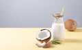 Concept Of Conscious Consumption. Vegan milk bottle with half coconuts on yellow and gray background. Front view and copy space Royalty Free Stock Photo