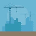 Concept Of Construction. Big Tower Cranes With Silhouettes Of Skyscrapers, Residential Buildings In Process Of Royalty Free Stock Photo