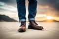 A Constuction Worker Is Wearing Leather Safety Shoe, Standing On The Sand Ground At Construction Working Site. Im. Generative AI