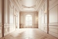 Contemporary beige white bright empty interior with wall panel and moldings, 3d render illustration mockup. Generative AI Royalty Free Stock Photo