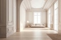 Contemporary beige white bright empty interior with wall panel and moldings, 3d render illustration mockup. Generative AI Royalty Free Stock Photo