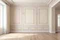 Contemporary beige white bright empty interior with wall panel and moldings, 3d render illustration mockup. Generative AI Royalty Free Stock Photo
