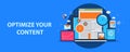 Optimize content for better search engine ranking for website. Flat design vector banner. Royalty Free Stock Photo