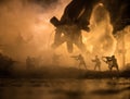 Concept of control. Marionette in human hand. Image on white. Night battle scene. Military fighting silhouettes in destroyed city