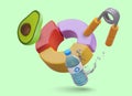 Concept of control of physical health. Training and diet. Color pie chart, water bottle, expander Royalty Free Stock Photo