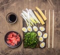 Concept cooking Chinese food, boiled quail eggs with seaweed Chuka, and corn wooden rustic background top view