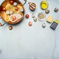 Concept cooking homemade vegetarian pasta with cherry tomatoes, parmesan cheese, quail eggs, seasonings, pasta in a copper bowl Royalty Free Stock Photo